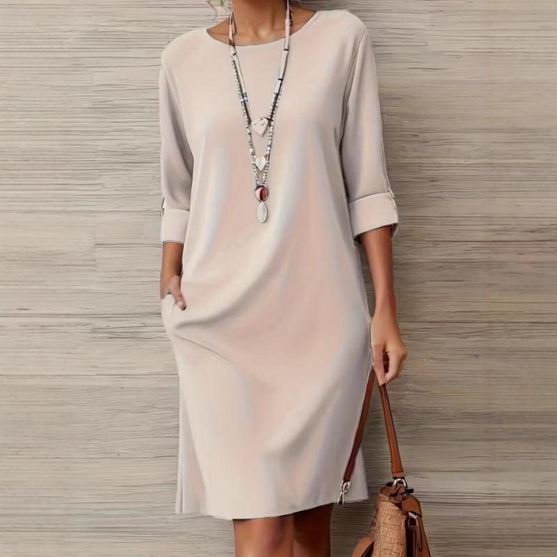 Elegant European & American Style Round Neck Dress with Pockets