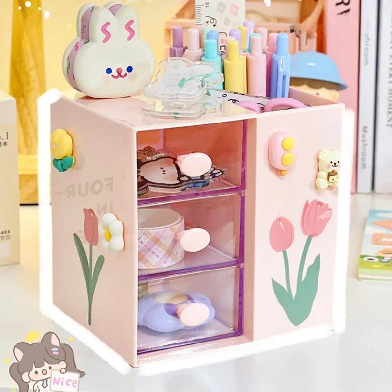 Kawaii Desk Pen Holder Pencil Storage Box Desktop Stationery Ins Organizing Box Cute Drawer Pen Holder MultiFunctional Organizer