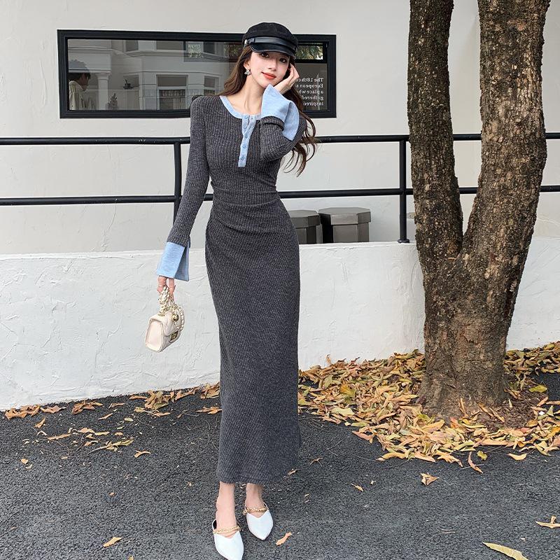 

2025 Spring French Style Color Block Long Sleeve Dress - Slim, Trendy Korean Design for Women Medium