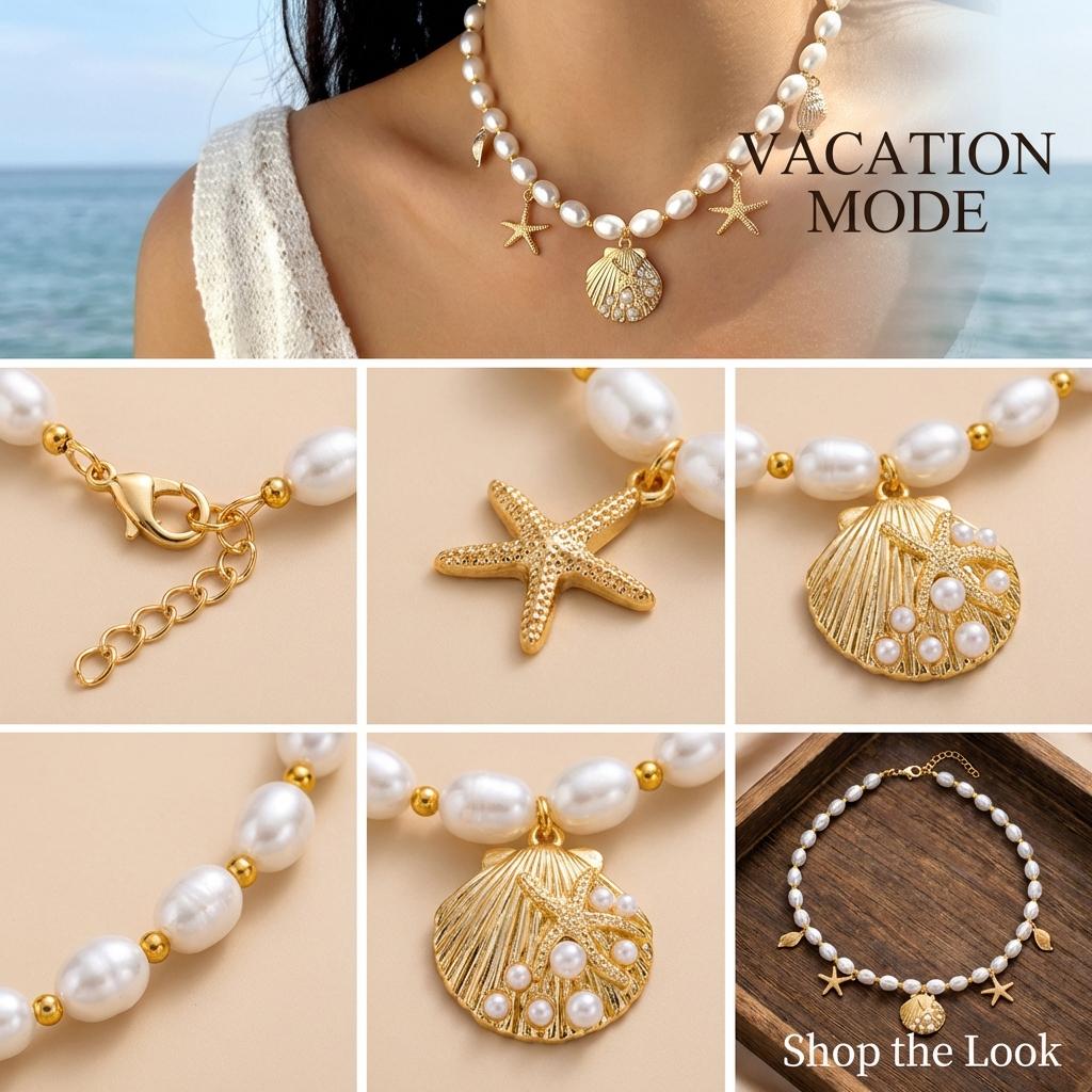Trendy Elegant Imitation Pearl Metal Pendant Necklace for Women Ocean Shell Starfish Conch Choker Necklace Vacation Jewelry Gift