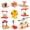Wooden Train Tracks Scene Accessories Wooden Double Platform Gas Station Airplane Airport Educational DIY Toys For Children