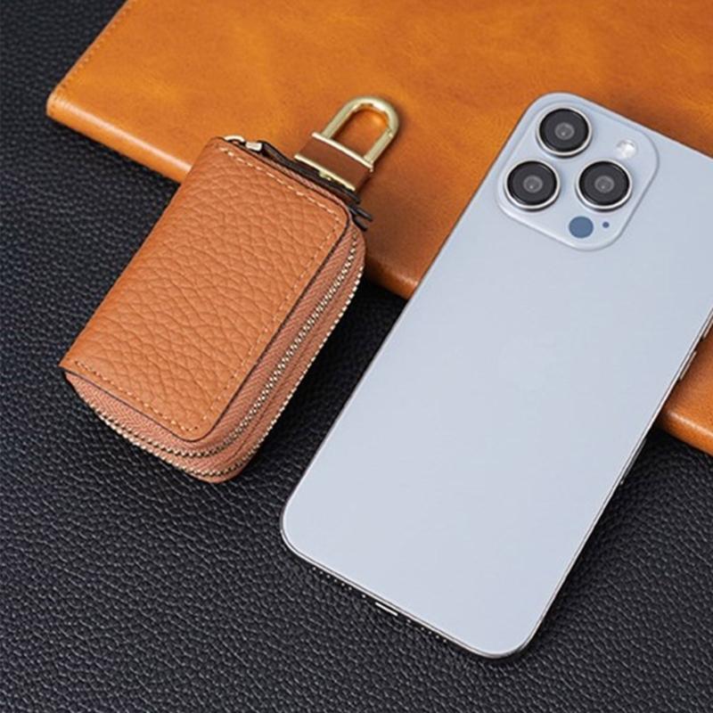 Leather Car Key Fob Case Cover Keychain Zipper Bag Protector Double Layer Pouch
