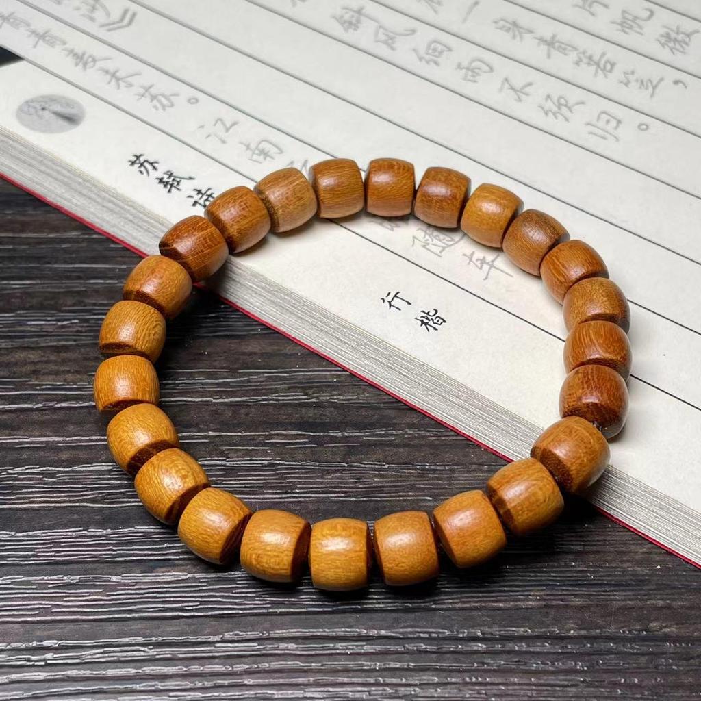 Ethnic Green Sandalwood Straight-Cut Barrel Bead Bracelet, Handmade Unisex Cultural Play Single Loop