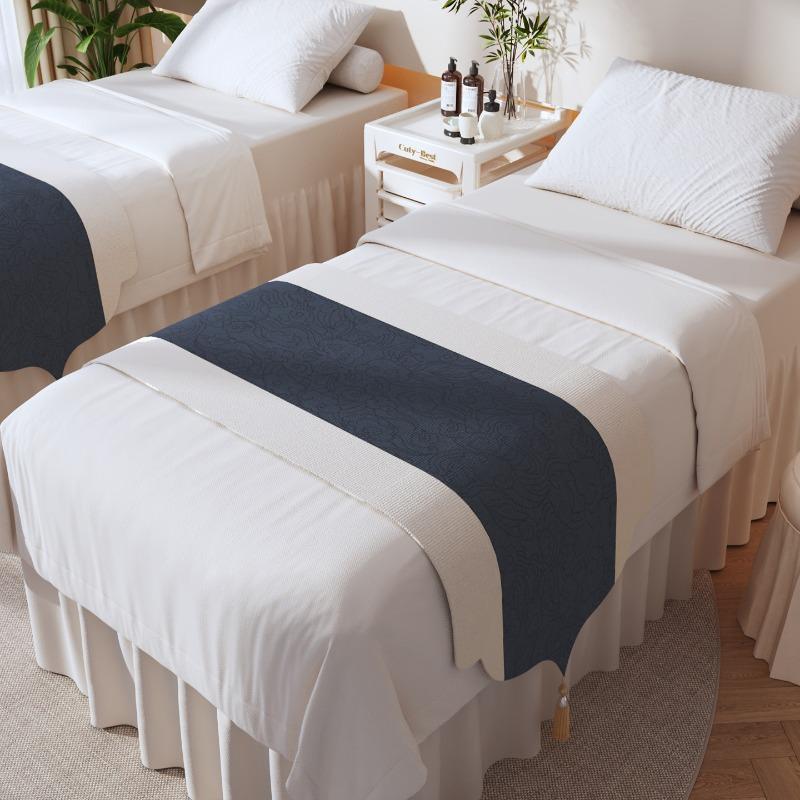 Beauty Salon Chinese Bed Flag Dust Proof Bed Cover Massage Foot Massage Bed End Towel Zen Inspired Decorative Long Bed Blanket Tassel Linen Fabric