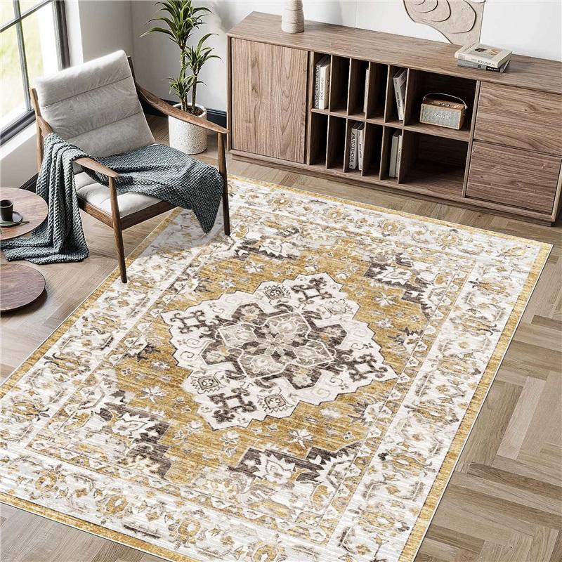 Bohemian Vintage Area Rug Washable Soft Ethnic Style Floor Carpet Non‑Slip Decor Rug for Living Room Bedroom Kitchen Home