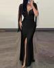 Cross-Border Fashion Sequin Bodycon Dress with Round Neck, Slit, Tassel Sleeves, and Ruched Design