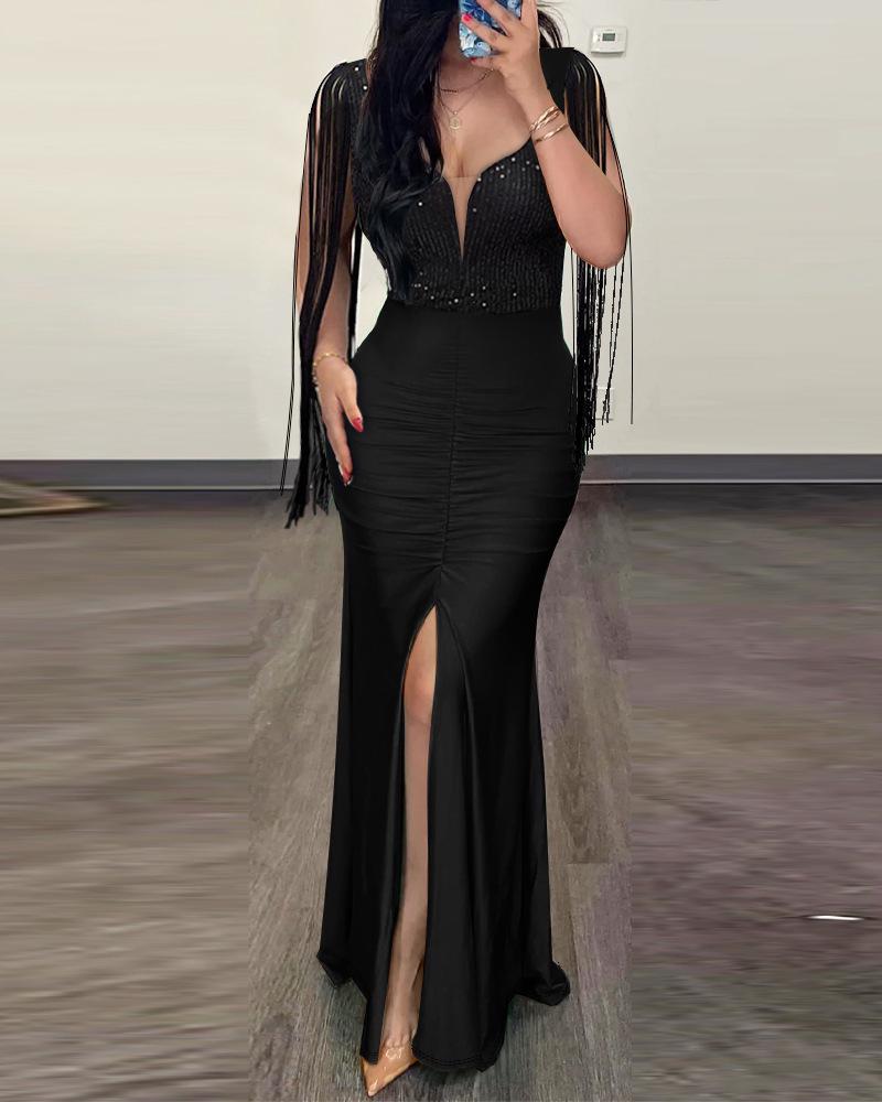 Cross-Border Fashion Sequin Bodycon Dress with Round Neck, Slit, Tassel Sleeves, and Ruched Design