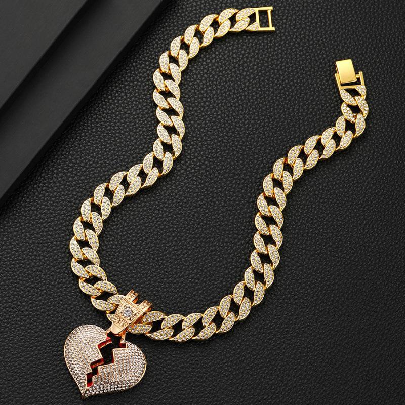 Men's Cuban Chain Hip Hop Necklace with Heart Pendant and Rhinestone Details