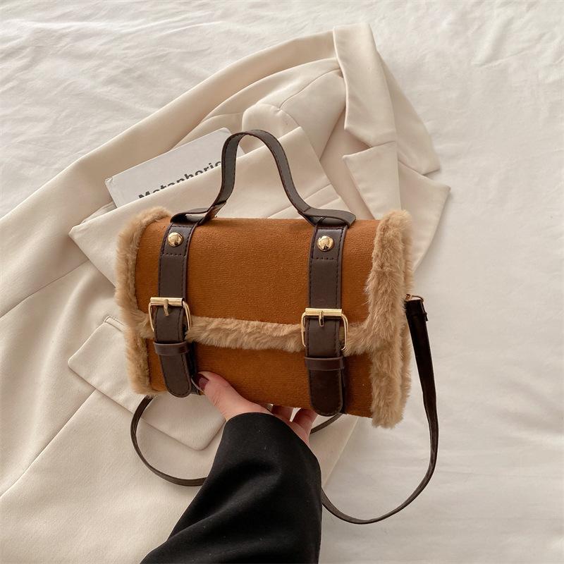Casual autumn and winter lamb wool plush bag women's new trendy messenger bag simple popular belt square bag
