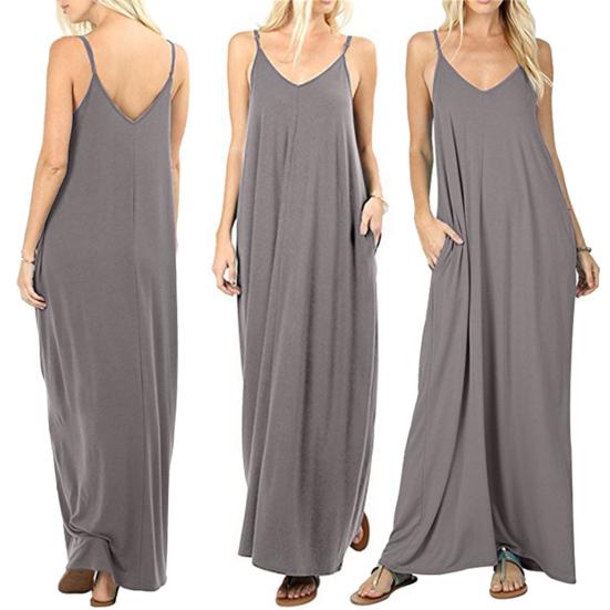 Summer Loose Cami Dress for Women V Neck Sleeveless Floor Length Boho Sundress Flowy