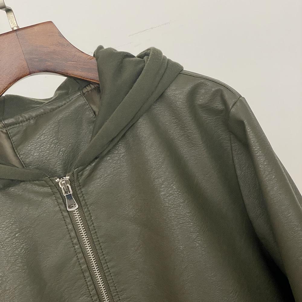 OFTBUY Femmes À Capuche Vintage Ample PU Faux Cuir Chapeau Veste Courte Décontractée Veste de Moto Féminine Zippée Rétro Moto Biker Manteau Vêtements d'Extérieur Hauts