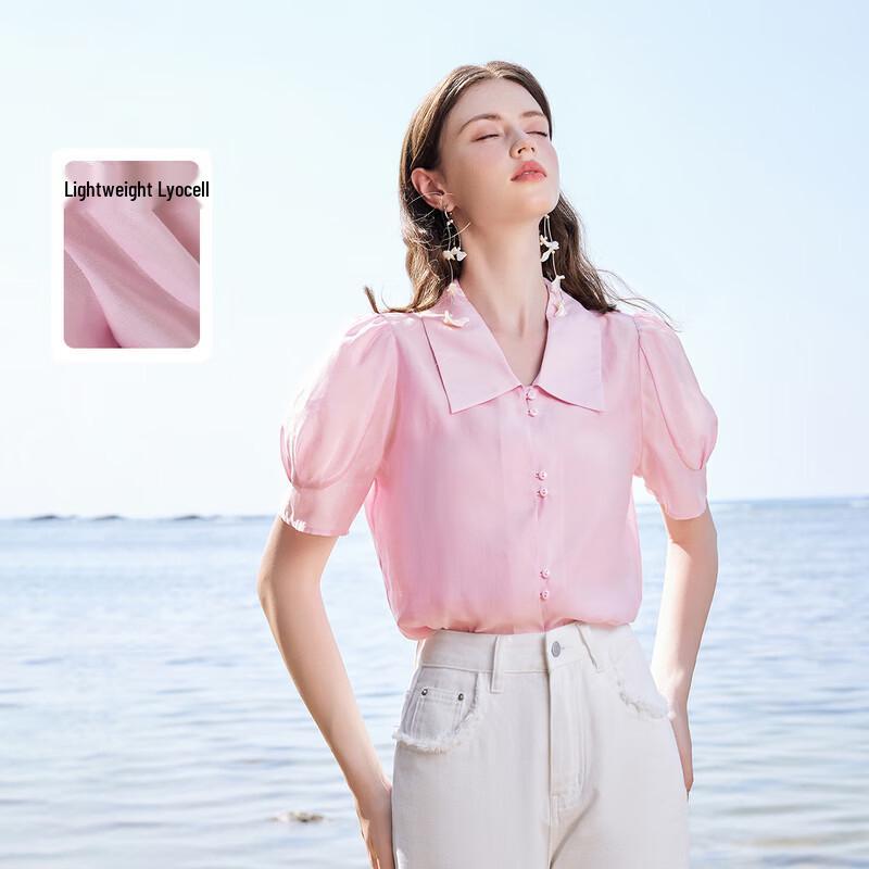 Women s French Style Puff Sleeve Lapel Shirt L