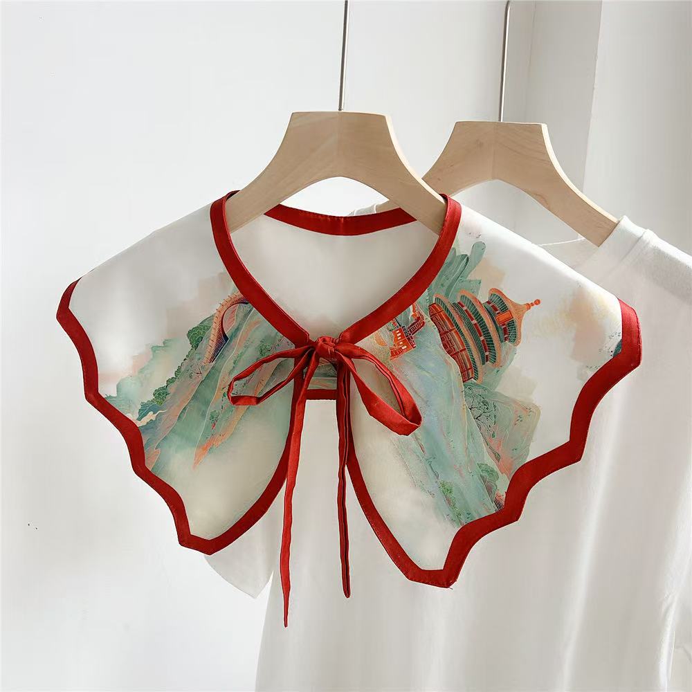 Versatile Printed Fake Collar Convenient Detachable Collar Shawl with Shoulder Straps Vintage Lace Ladies False Blouse Collar