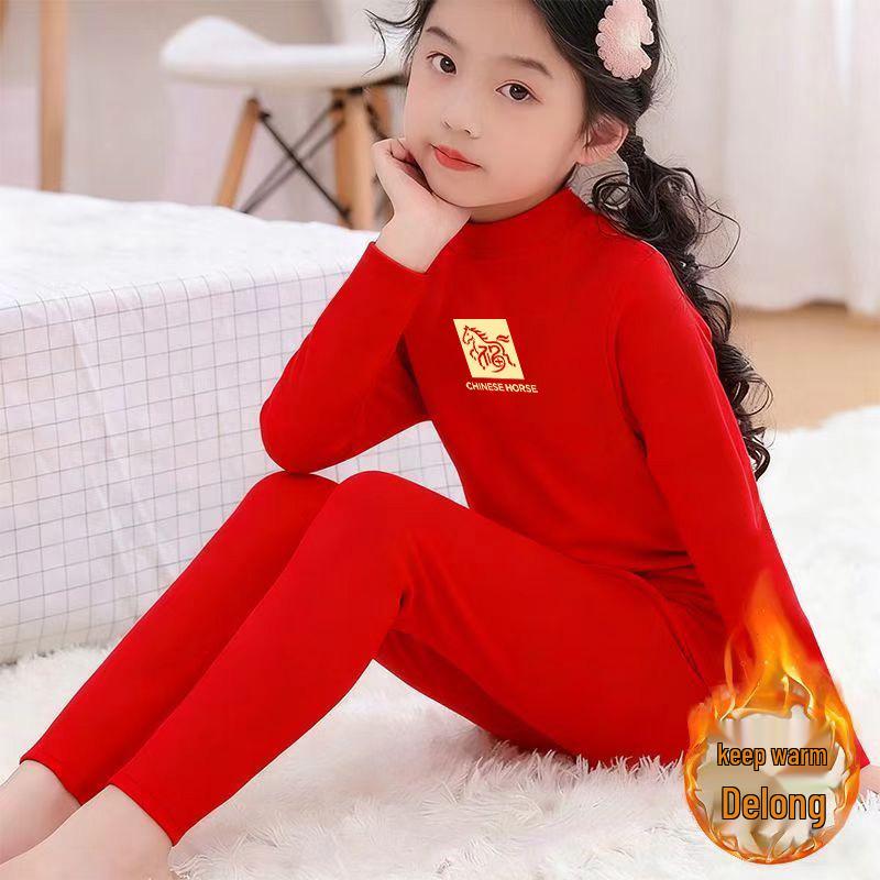 2026 Children's Red Year of the Horse Fleece Suit - Warm Half-High Collar for Medium and Large Kids