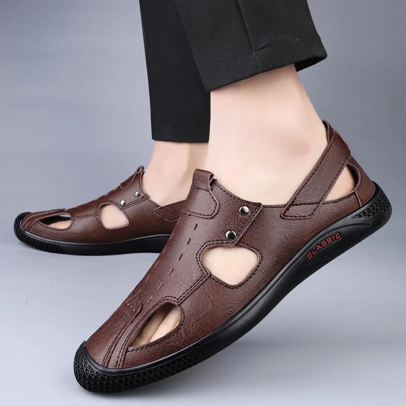 Fashion Summer Casual  Leather Men Outdoor Sandals Fashion Flat Designer Breathable Casual Walking Shoe Soft Bottom Beach Sandal
