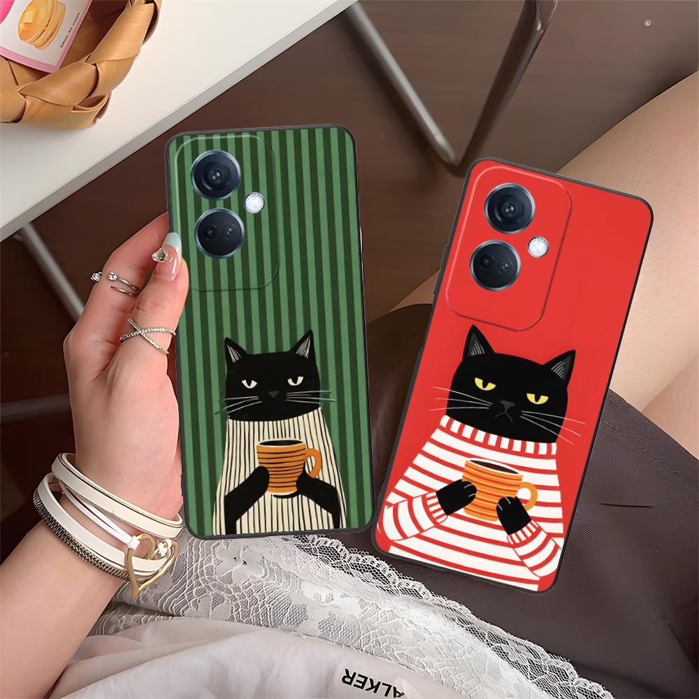 Cute Coffee Cat Matte TPU Mobile Phone Case for OPPO Reno 14 13 12 11 10 9 8 7 6 5 F T Pro 5G Colorful Printing Cover