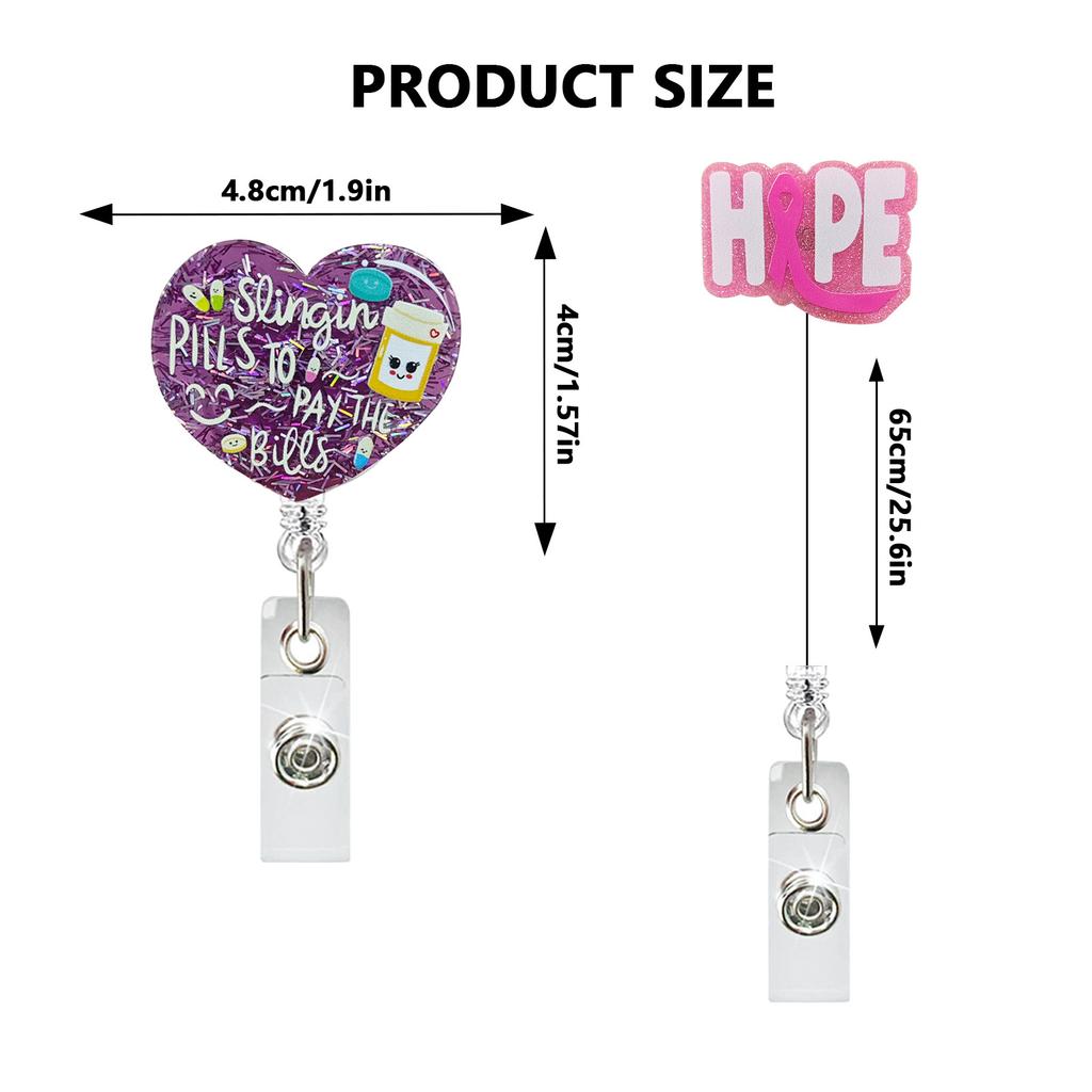 Glitter Heart Acrylic Badge Reel Retractable Name Tag Alligator Clip ID Card Holder for Nurse Office Work Doctor