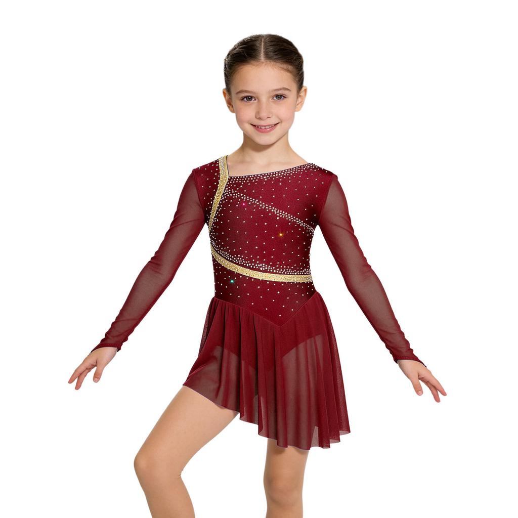 Eiskunstlauf-Kleid für Kinder: Langarm Netz Strass Asymmetrischer Body mit integriertem Höschen & Träger-Rücken
