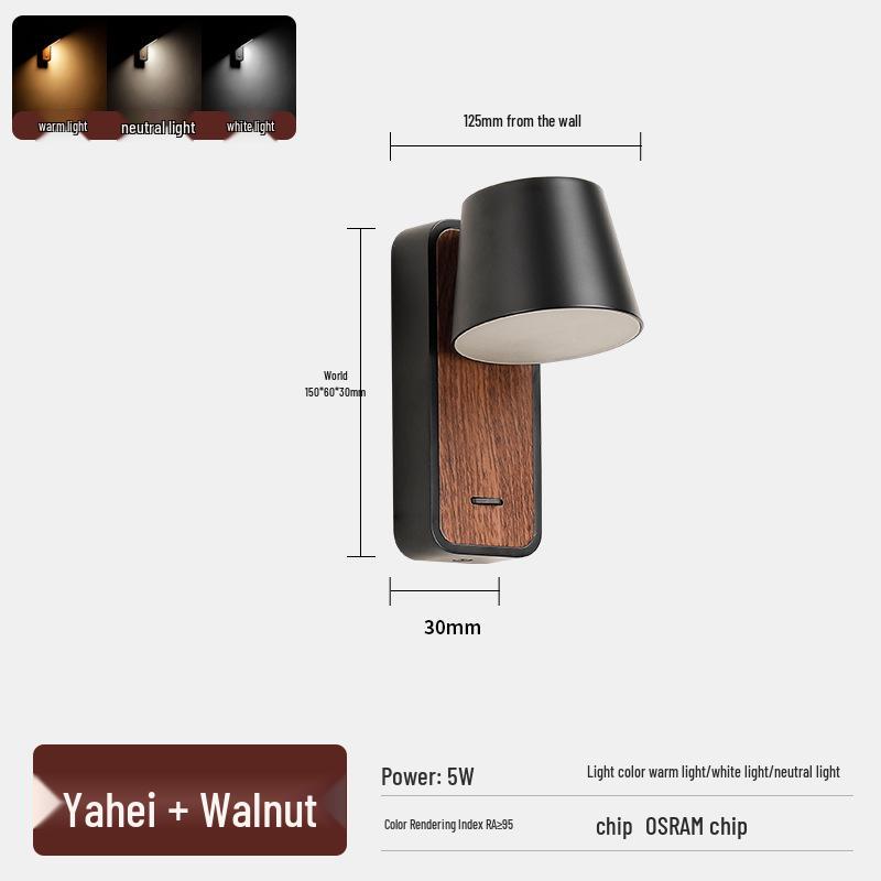 Rotatable LED Bedside Wall Light with Switch for Hotel, Guest Room, or Bedroom Reading.