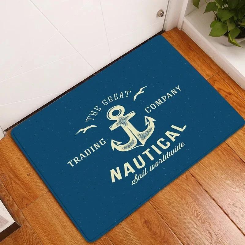 1Pc White Anchor & Navy Blue Nautical Washable Door Mat Non Slip Entrance Floor Carpet Easy To Clean Hallway Bath Kitchen Rug