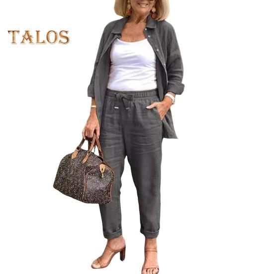 2 Pièces/ensemble Femmes Chemise Pantalon Ensemble Lâche Revers Simple Boutonnage Mi-long Manches Longues Chemisier Taille Haute Élastique Pantalon à Jambes Larges Vêtements Quotidiens