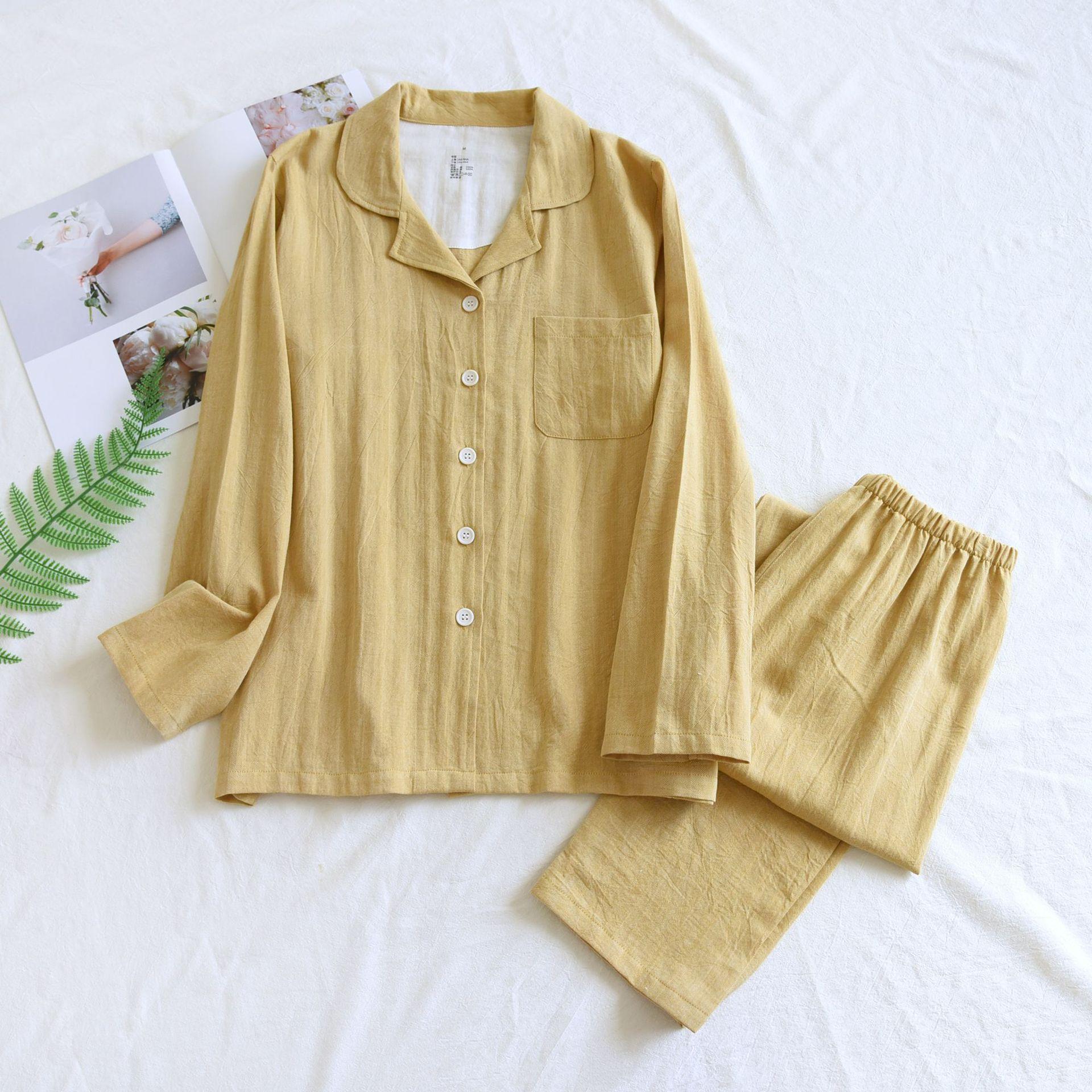 

Женская пижама с лацканами, длинные рукава, брюки, ночная рубашка, весна-осень, домашняя одежда, однотонная, минималистичная, свободная повседневная пижама XL жёлтый