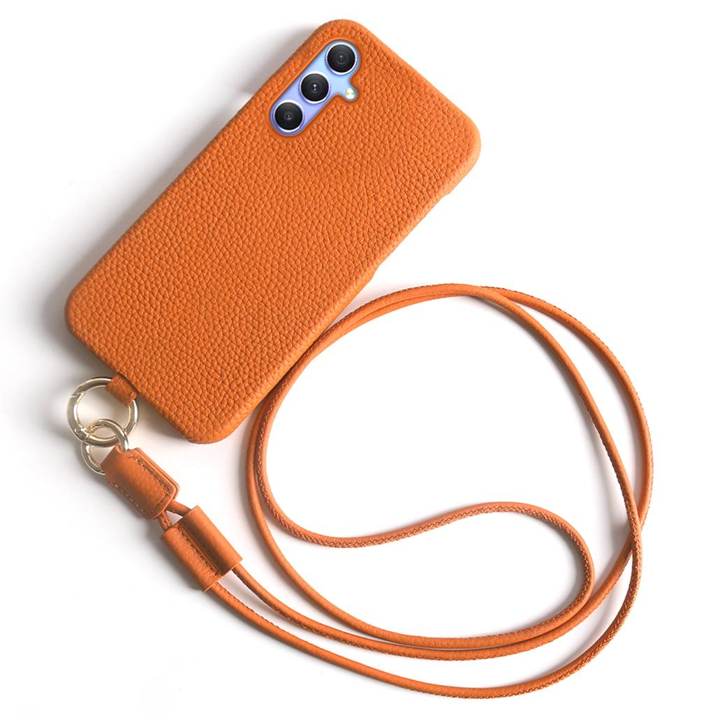 For Samsung Galaxy A34 5G Case with Lanyard Genuine Cow Leather PC Phone Back Cover
