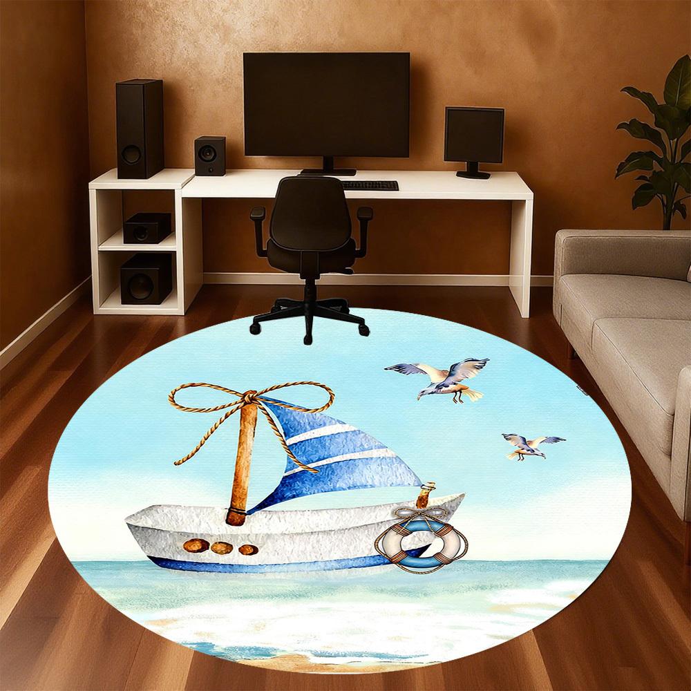 1pc Sailboat Seagulls Round Chair mat office Area Rug - Non-Slip, Floor Mat for Office, Bedroom, and Indoor Decor p127270