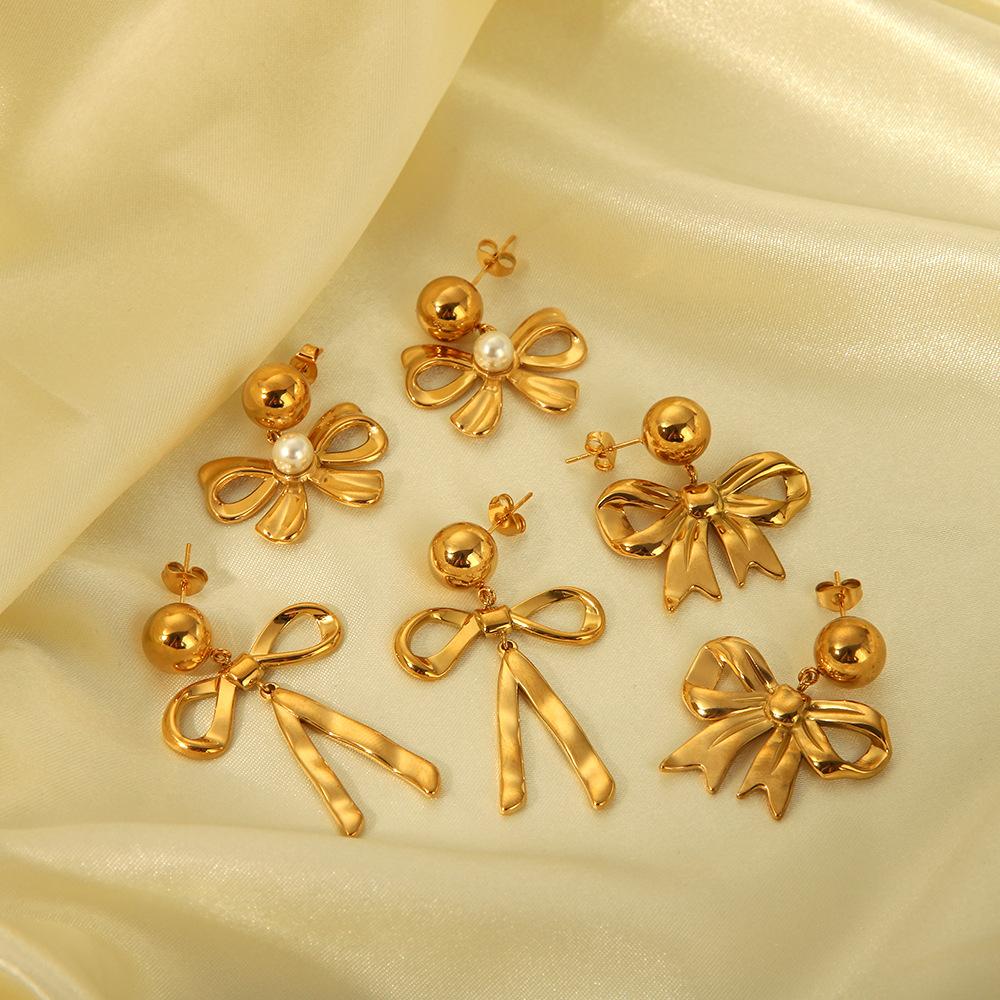 Gold Color Stainless Steel Bowknot Drop Earrings For Women Pierce Drop Stud Accessory