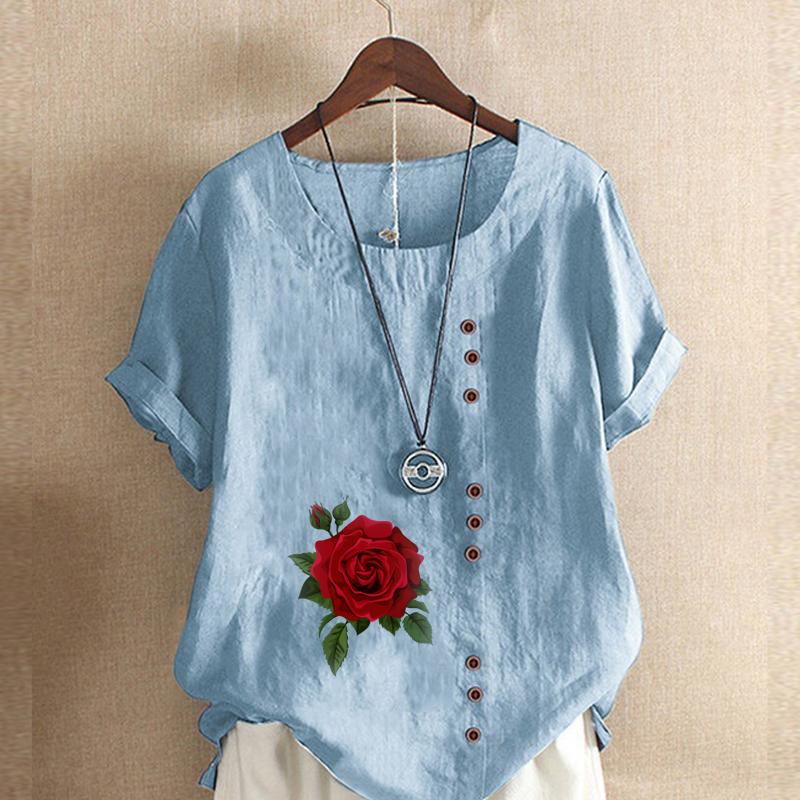 Damenmode Rose Print Rundhals Kurzarm T-Shirt Lässiges Baumwoll-Leinen Grafikhemd Freizeit Lose Sommer Bluse Tops