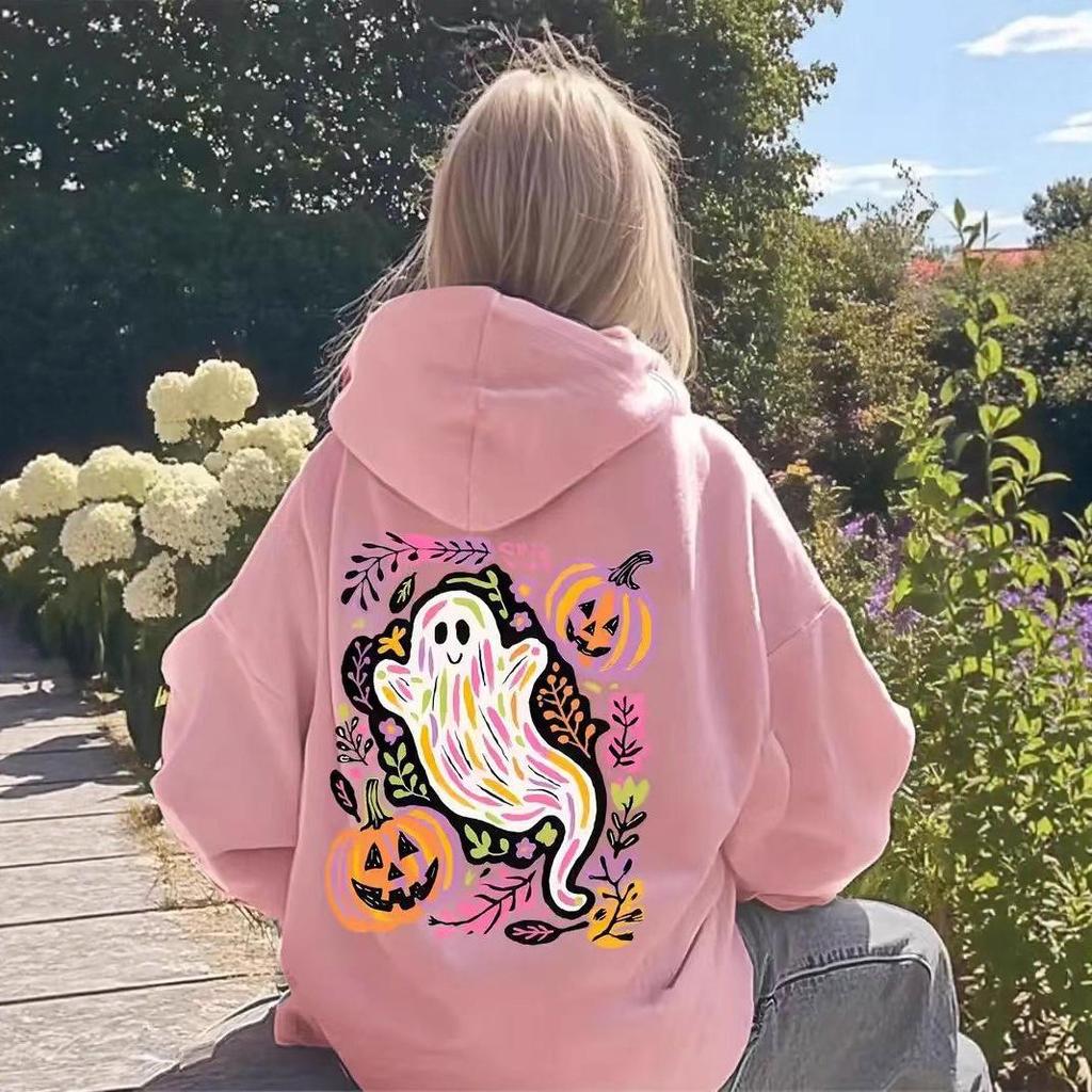 Autumn 2025 Halloween Hooded Sweatshirt - Ghost & Pumpkin Print Jacket