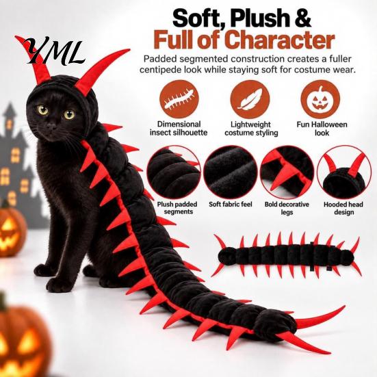 Holiday Pet Cosplay Accessories Centipede-Look Cat Costume, Halloween Outfit, Stuffed Plush Segmented Body with Themed Apparel Adjustable Straps,
