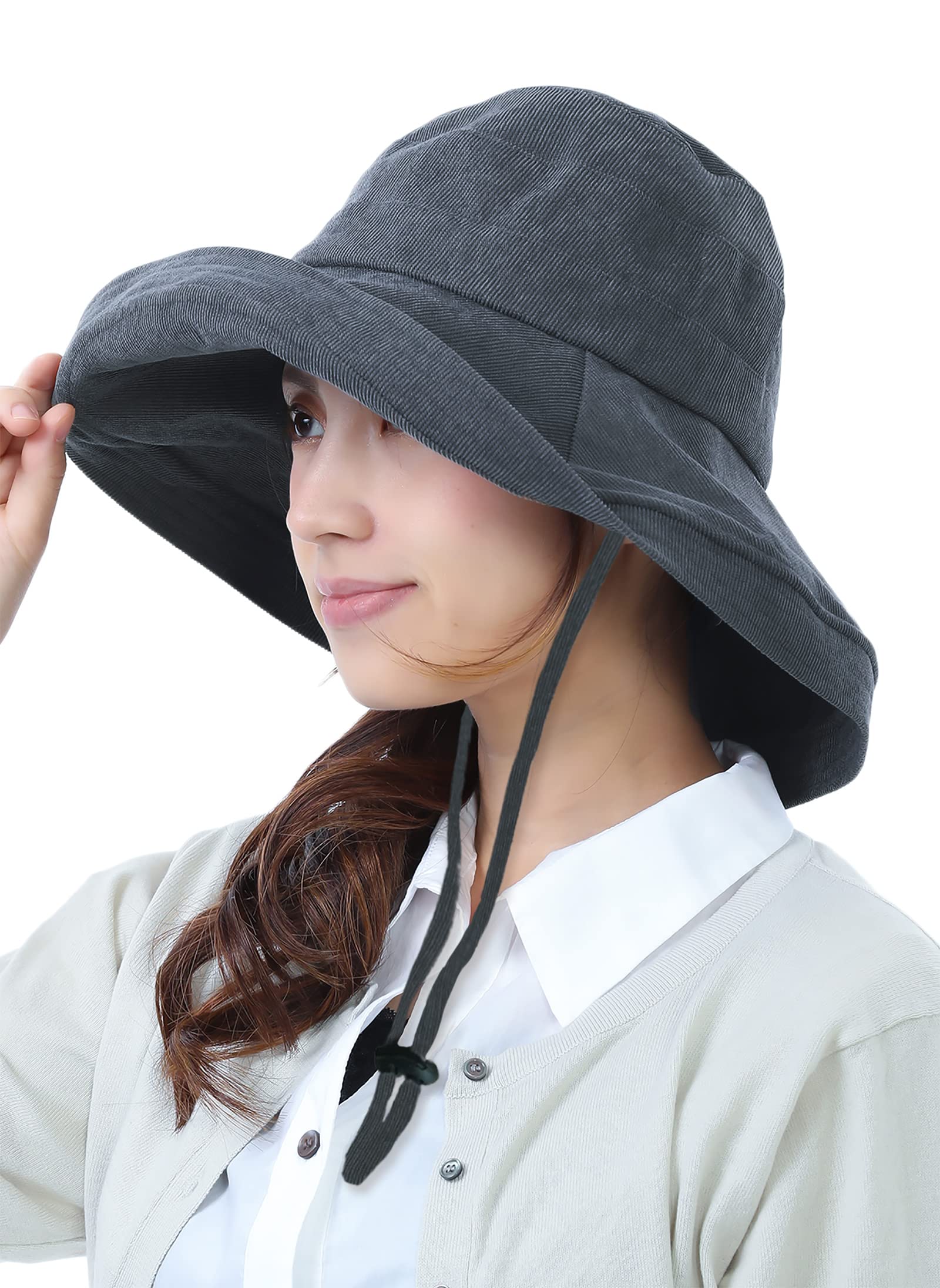 

UV with Chin Wide Sun Sun UV Numbered Dark [TRAX SHOP] Women s Hat, Protection, Strap, Corduroy, Brim, Foldable, Protection, Hat, Spring, Autumn,