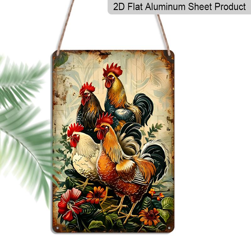 2D Flat, 1pc Vintage Rooster Metal Sign - 8x12 Inch Rustic Aluminum Wall Art with 3 Roosters & Floral Design, Indoor/Outdoor Decorative Hanging Plate