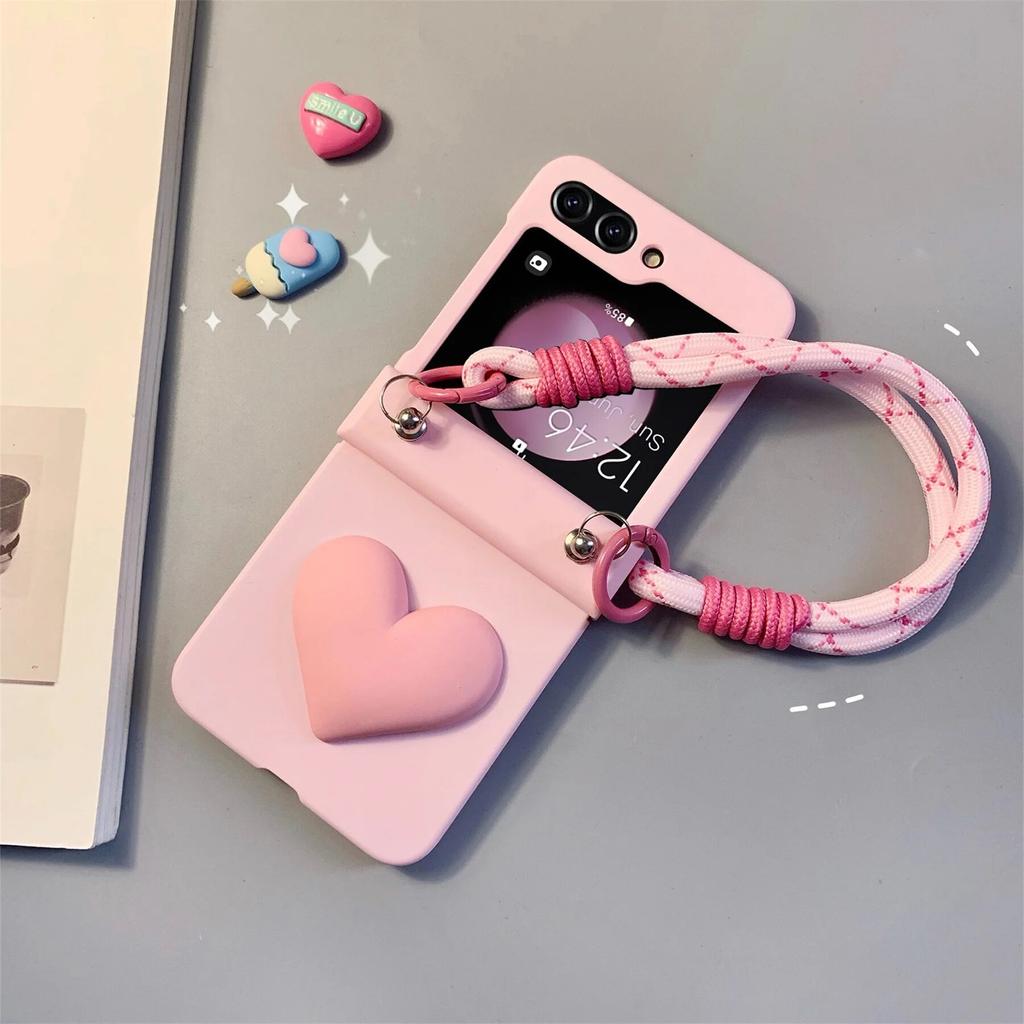 Fashion Simple Pink Love Portable Rope Chain Case for Samsung Galaxy Z Flip 5 Flip3 ZFlip4 Wrist Strap Shockproof Back Cover
