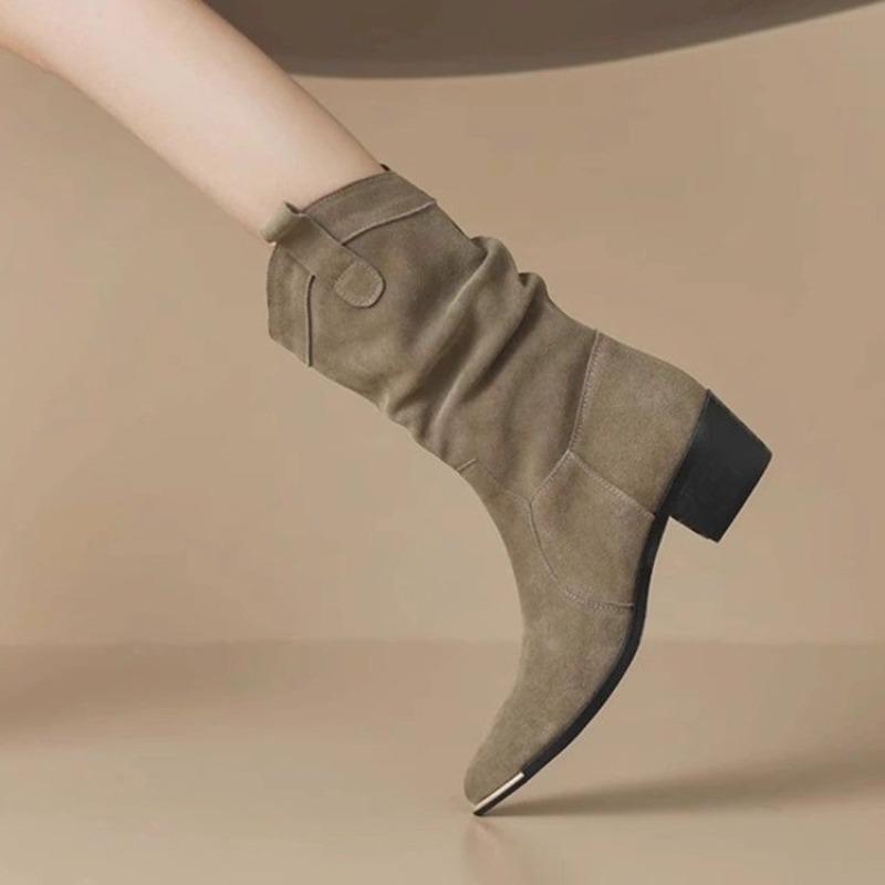 

Модные облегающие ботильоны с острым носком и толстым каблуком, женские новые ботинки до середины голени для осени и зимы 2025 39