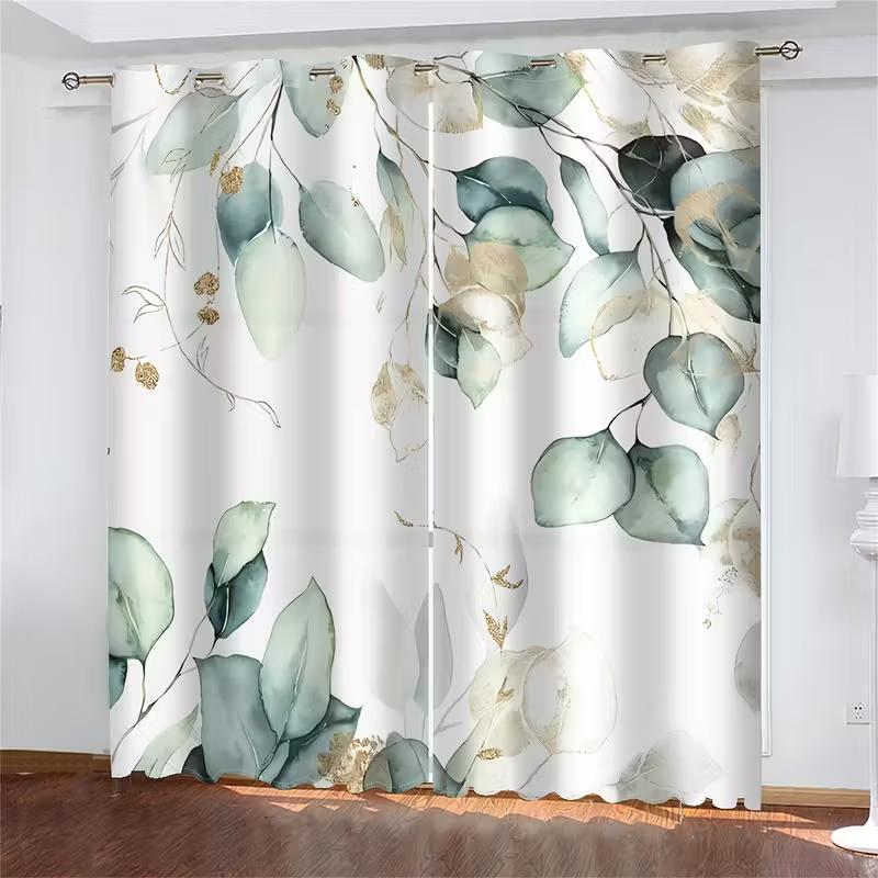 2 Pcs Green Leaves Print Curtains  Suitable for Bedroom  Living Room Kitchen Decoration  Home Decoration  Window Decoration