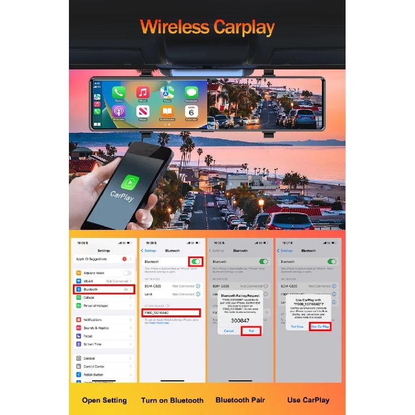 Aprilboy 12'' 4K Carplay&Android Auto Car DVR Dash Cam View Mirror Camera for Video Recorder Rearview Dash Cam 1080P Rear Camera