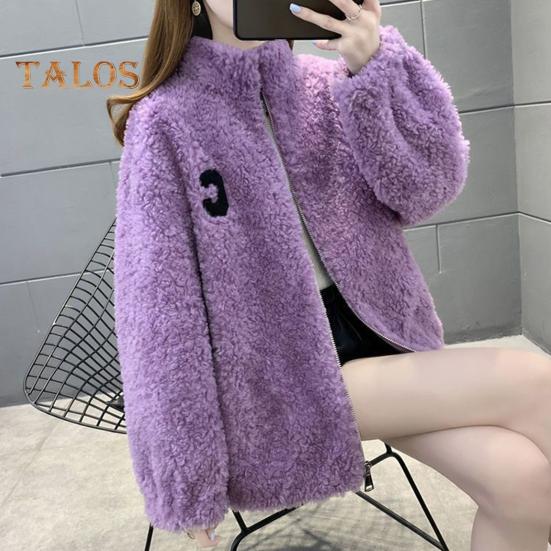 Winter Lady Coat Thickened Double-sided Faux Fleece Solid Color Stand Collar Neck Protection Letter Decor Long Sleeves Keep Warm Outdoor Travel