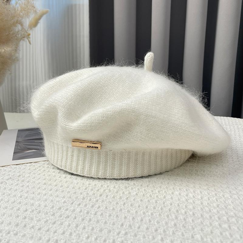 Pălărie cu beretă de păr de iepure pentru femei, toamnă, iarnă, coreeană, gri, pălării de pictor, retro, logo-ul de fier, șapci din fire de muguri