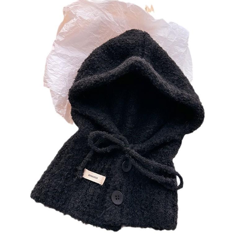 Drawstring button solid color versatile balaclava wool knitted hat winter warm and protective ear hat