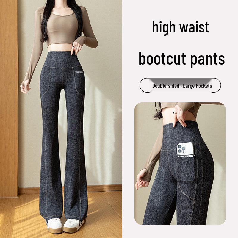 

Women s High-Waisted Butt-Lifting Denim-Look Micro-Flare Pants - Plus Size Yoga & Sportwear for Spring/Summer L чёрный/джинсовый