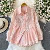 Women's Lapel Collar Long Sleeve Shirt Loose Fit Heavy Beaded Rhinestone Embroidery Blouse Vintage Floral Print Top