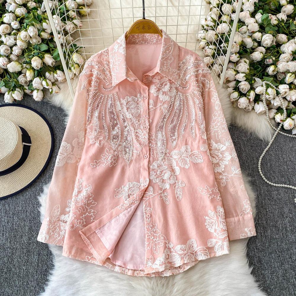 Women's Lapel Collar Long Sleeve Shirt Loose Fit Heavy Beaded Rhinestone Embroidery Blouse Vintage Floral Print Top