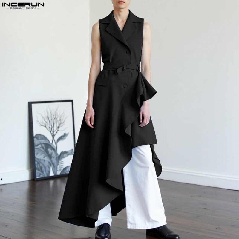 INCERUN Colete Longo Cardigã Sem Mangas com Lapela e Botões Irregular com Babados