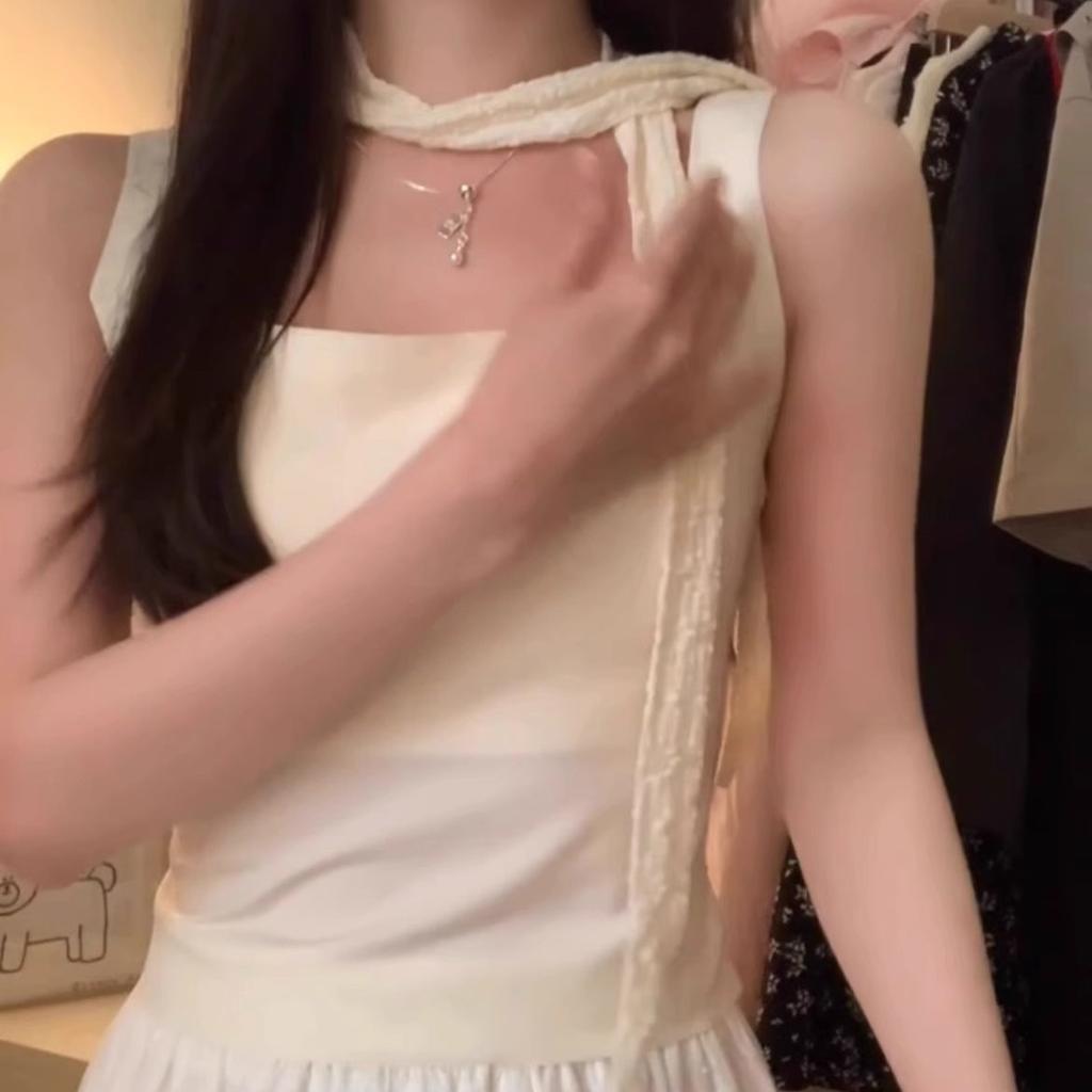Pure desire square neck sling vest women's chest pad lace streamer neck slim and thin short top