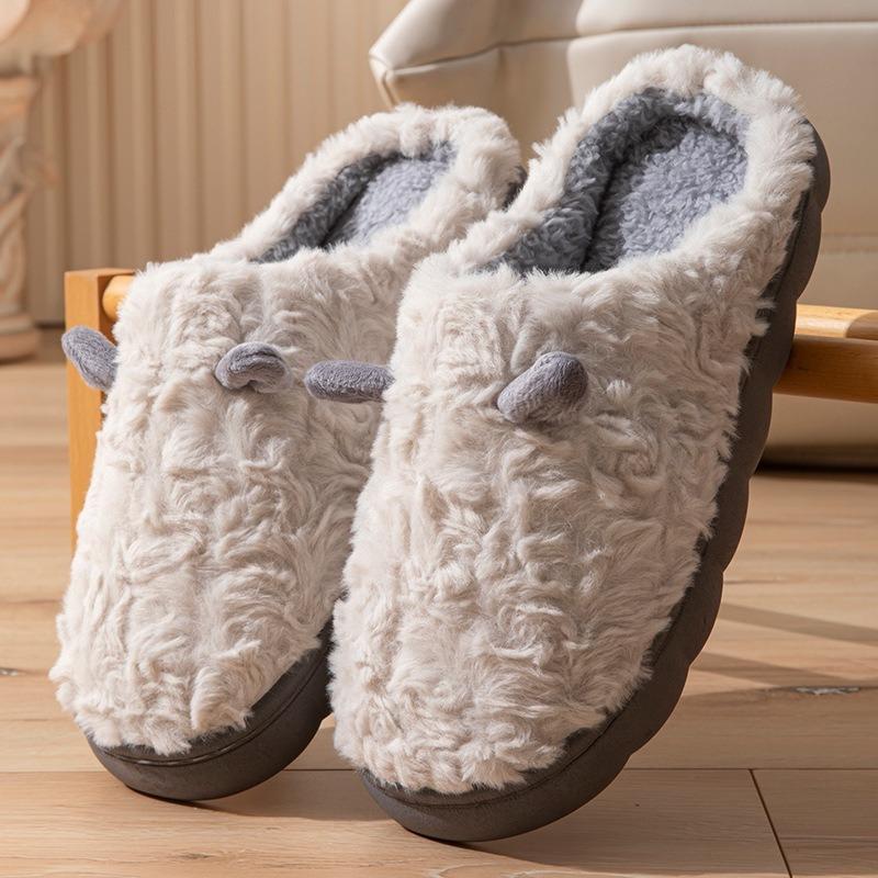 Autumn and winter new plush cotton slippers women's thickened warm non-slip soft sole household cute home fluffy shoes men