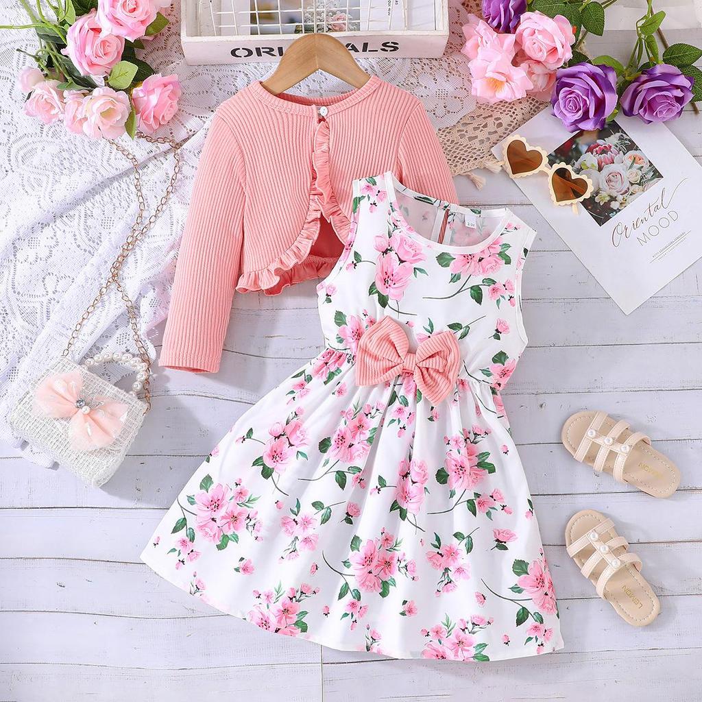 Kinder 2-8Y Röcke Frühling und Herbst Modelle Baby Bunte Neckholder Kleid + Einfarbig Jacke Mode Baby Anzug