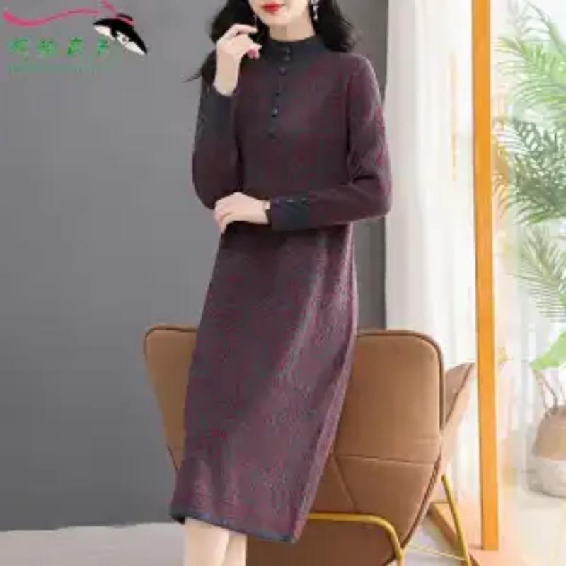 Women Turtleneck Thick Knitted Long Sleeve Midi Dress Casual Loose Plus Size Winter Sweater Dress