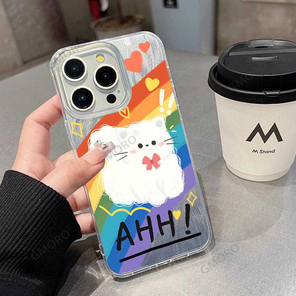 Creative Rainbow Cat is suitable for Apple 15 mobile phone case, cute iPhone17promax anti-drop hard case protective case.